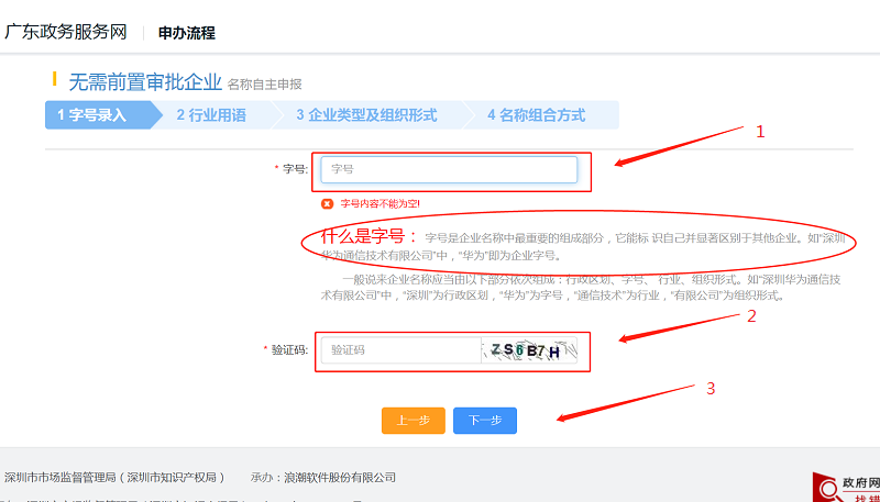 根據(jù)實(shí)際情況選擇申報(bào)種類進(jìn)入后，進(jìn)行“字號(hào)錄入”，點(diǎn)擊下一步。